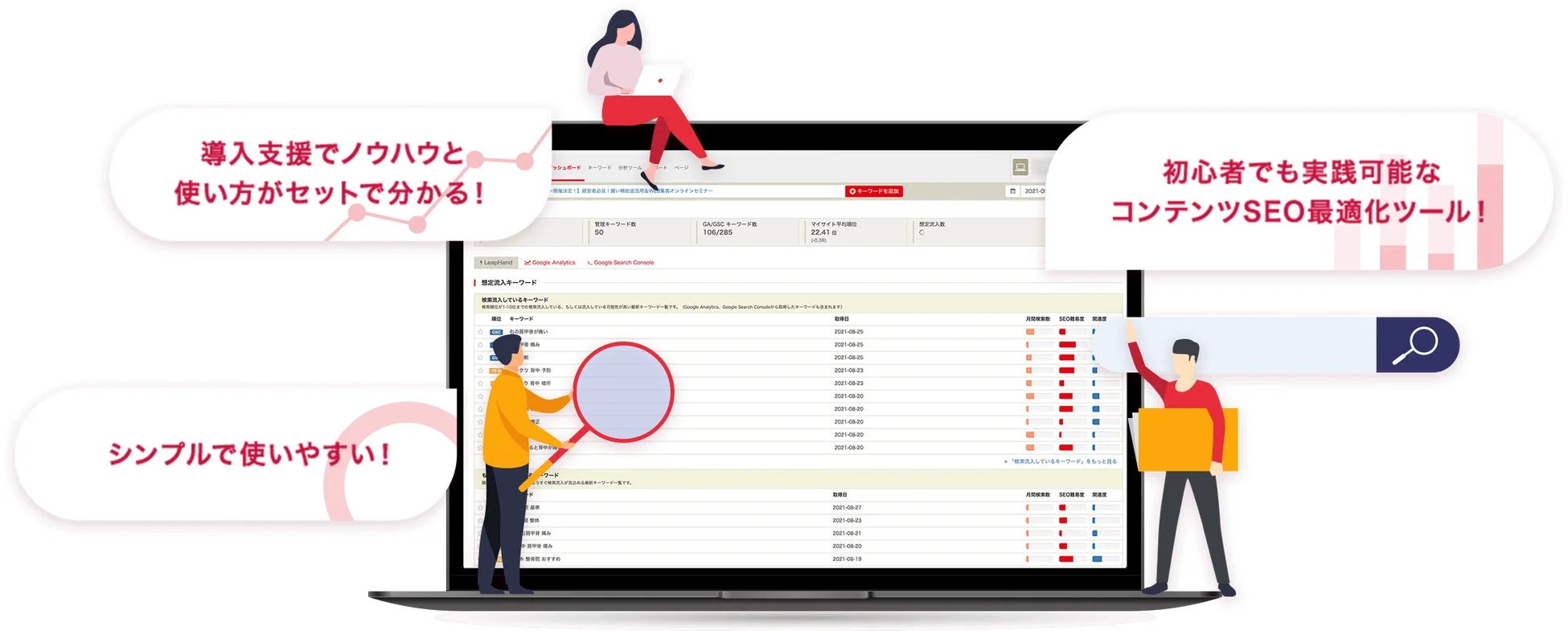 LeapHandのキーワード分析や検索順位データが表示された画面