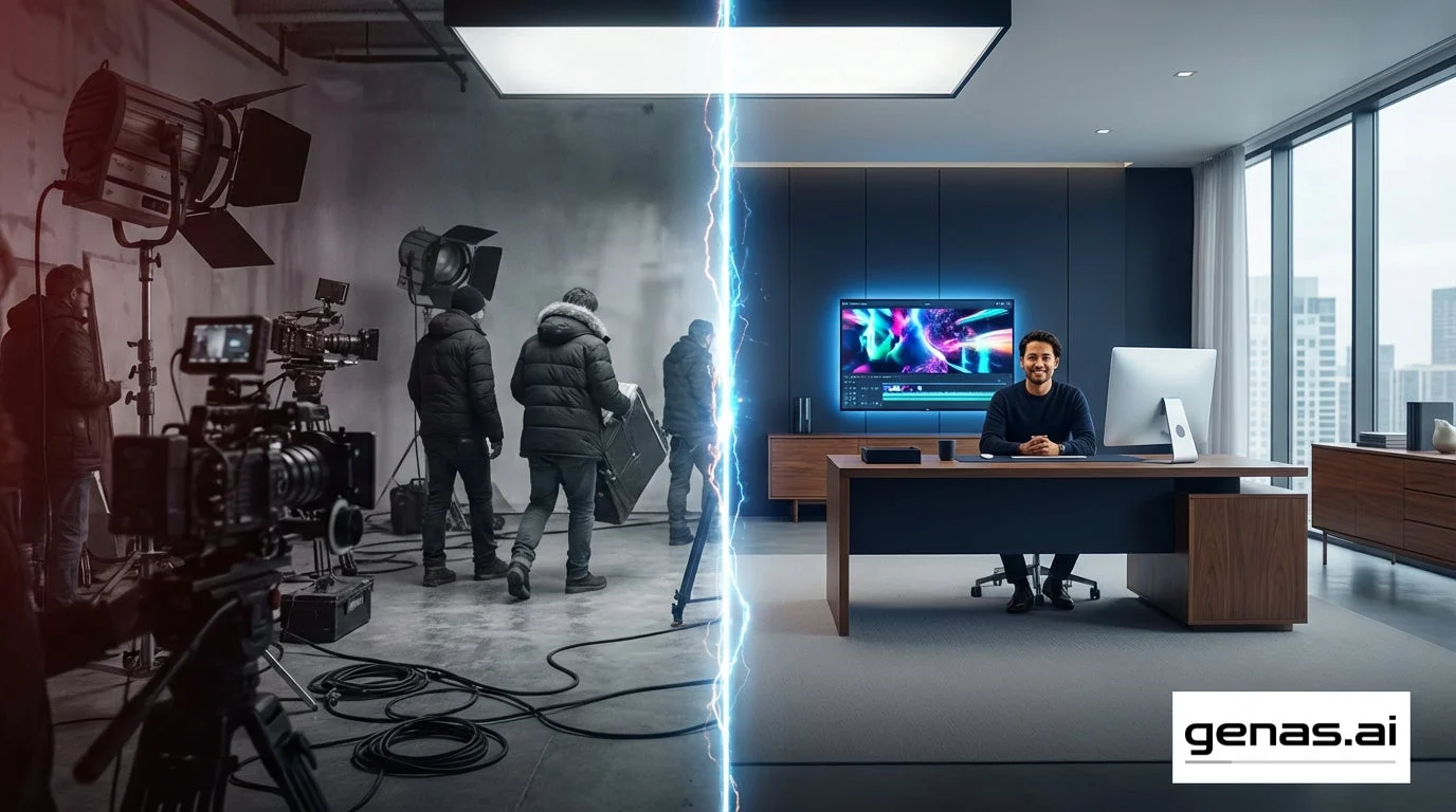 撮影現場と動画編集を行うオフィスが雷の光で分割された、制作プロセスの変革や効率化を象徴する画像
