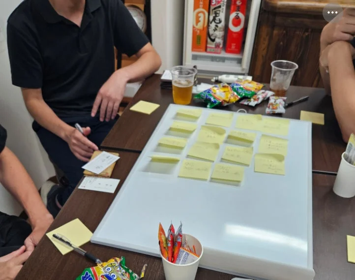 お酒を囲んでブレインストーミングをする人々