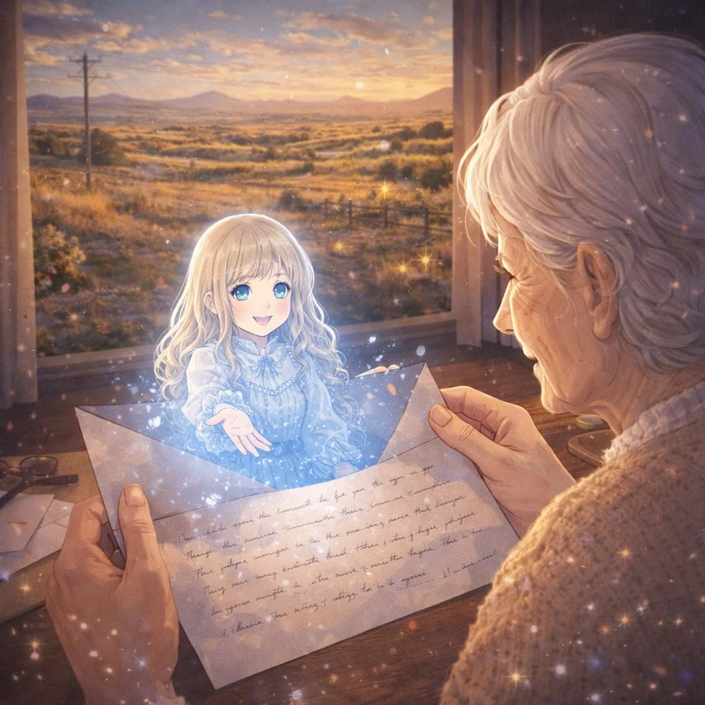 老婦人と少女が手紙を見る幻想的なイラスト