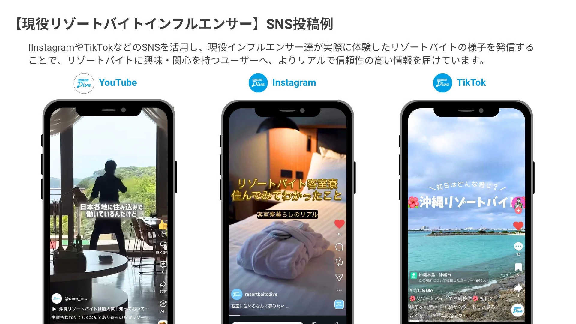 現役リゾートバイトインフルエンサーがYouTube、Instagram、TikTokで体験談を発信するSNS投稿例