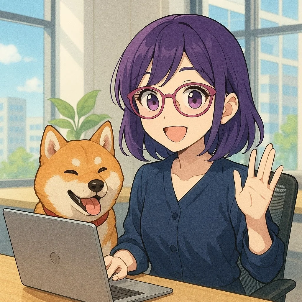 アニメスタイルのAI社員と柴犬