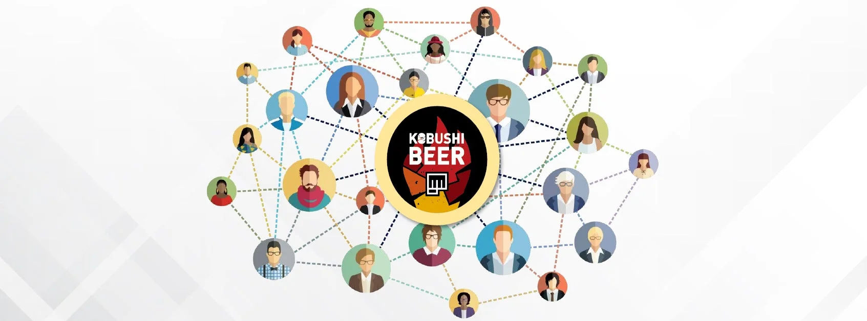 「KOBUSHI BEER」のロゴを中心に、多様な人々が点線で繋がったソーシャルネットワークのイラスト