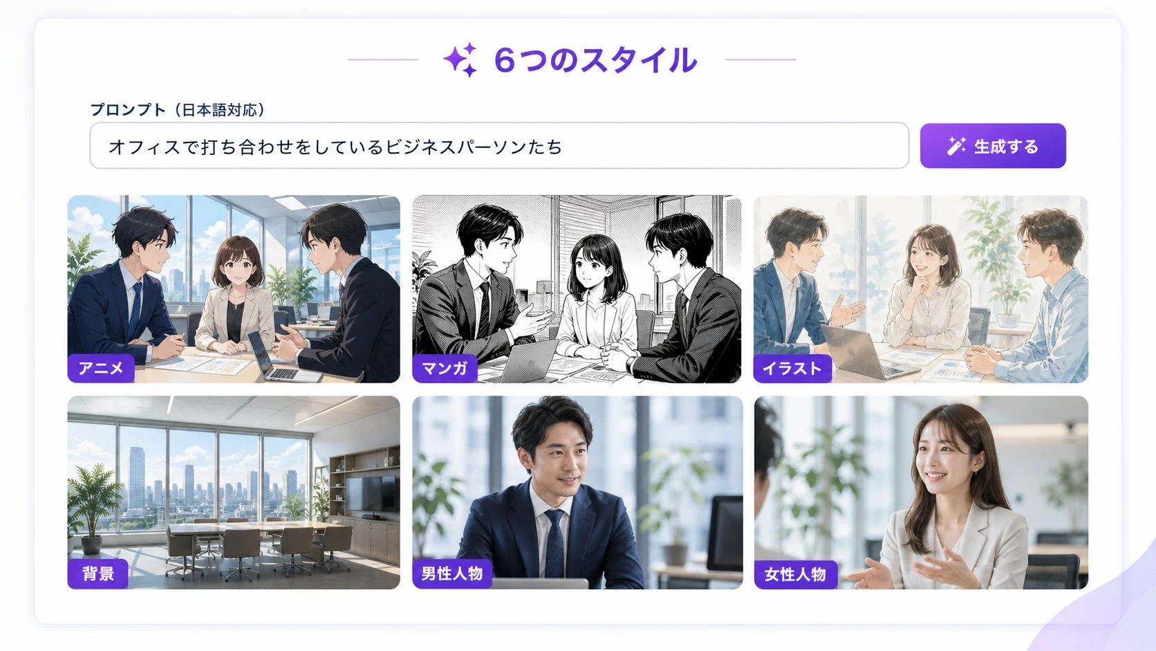 6つのスタイルとプロンプト入力画面