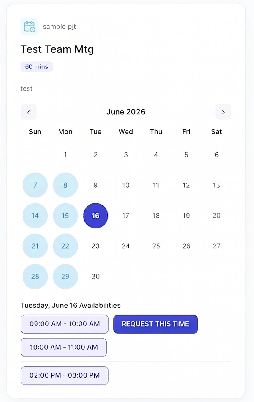 2026年6月のカレンダーと会議のスケジュール調整画面です。6月16日(火)の空き時間(午前9時、午前10時、午後2時)が表示され、時間のリクエストが可能です。