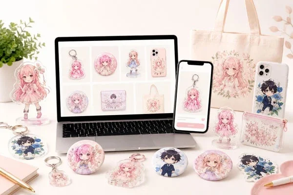 ノートパソコンとスマートフォンを中心に、ピンク色の髪の可愛いアニメキャラクターがデザインされた様々なグッズ