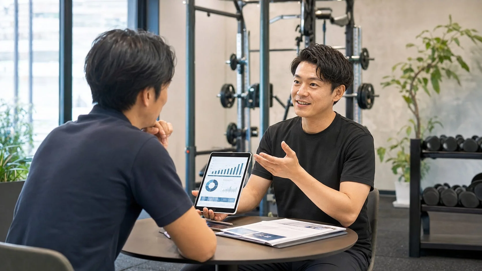 ジムのような場所で、二人の男性がテーブルを挟んで会話しています。一人の男性がタブレットでグラフを見せながら、もう一人に説明している様子です。