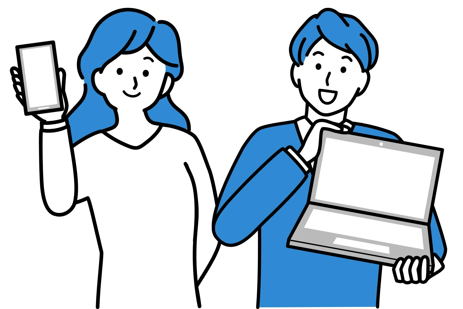 スマートフォンとノートパソコンを持つ男女のイラスト