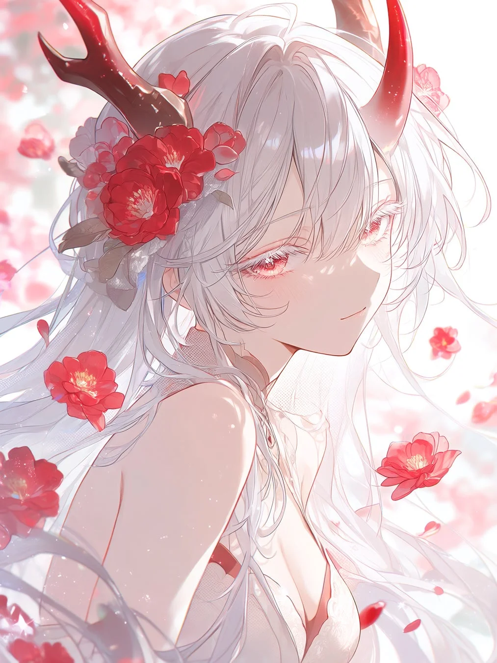 白い長髪と赤い角を持つアニメ風の少女のイラスト
