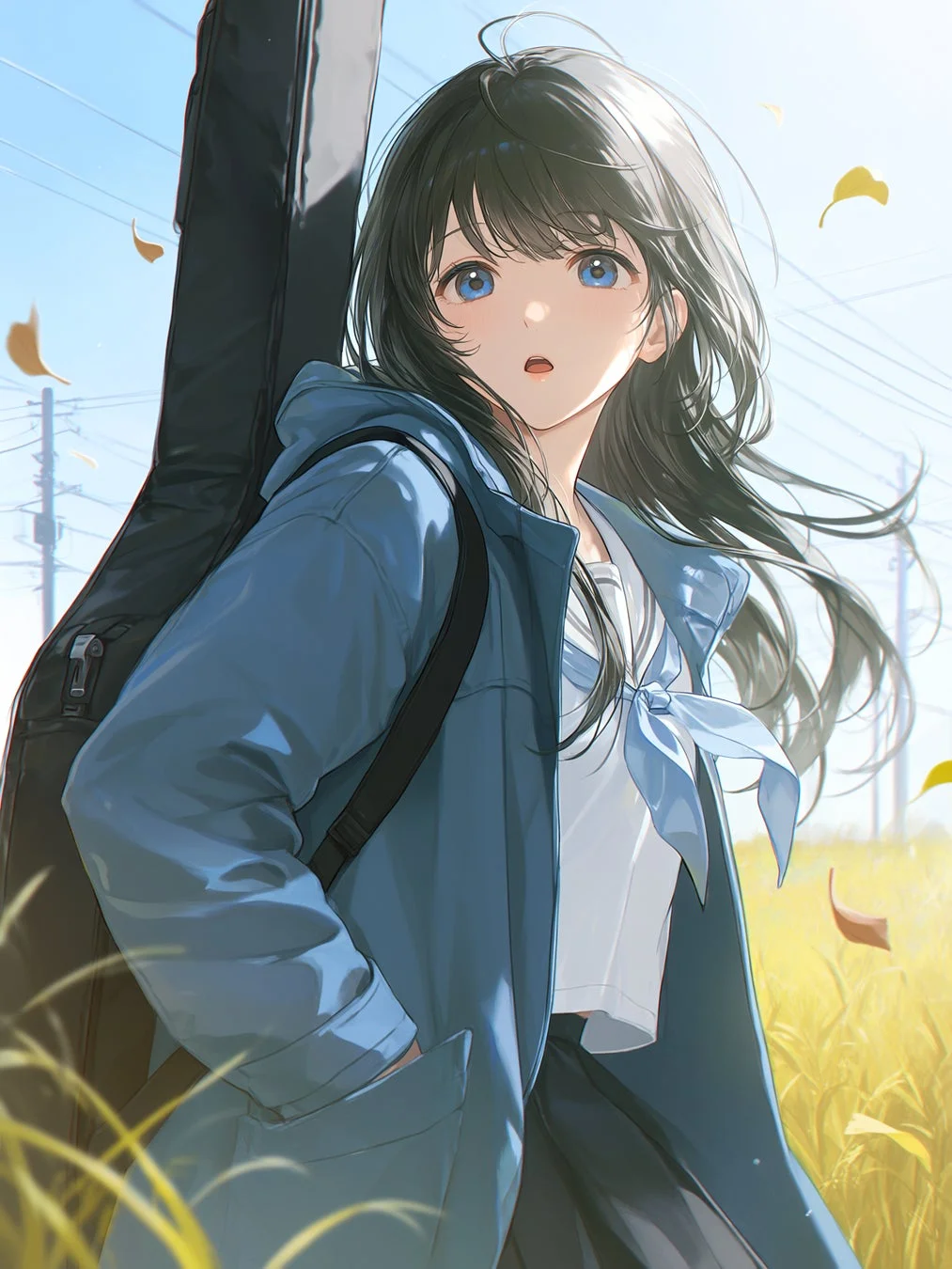 青いジャケットを着たアニメ風の少女がギターケースを背負って畑の中を歩くイラスト