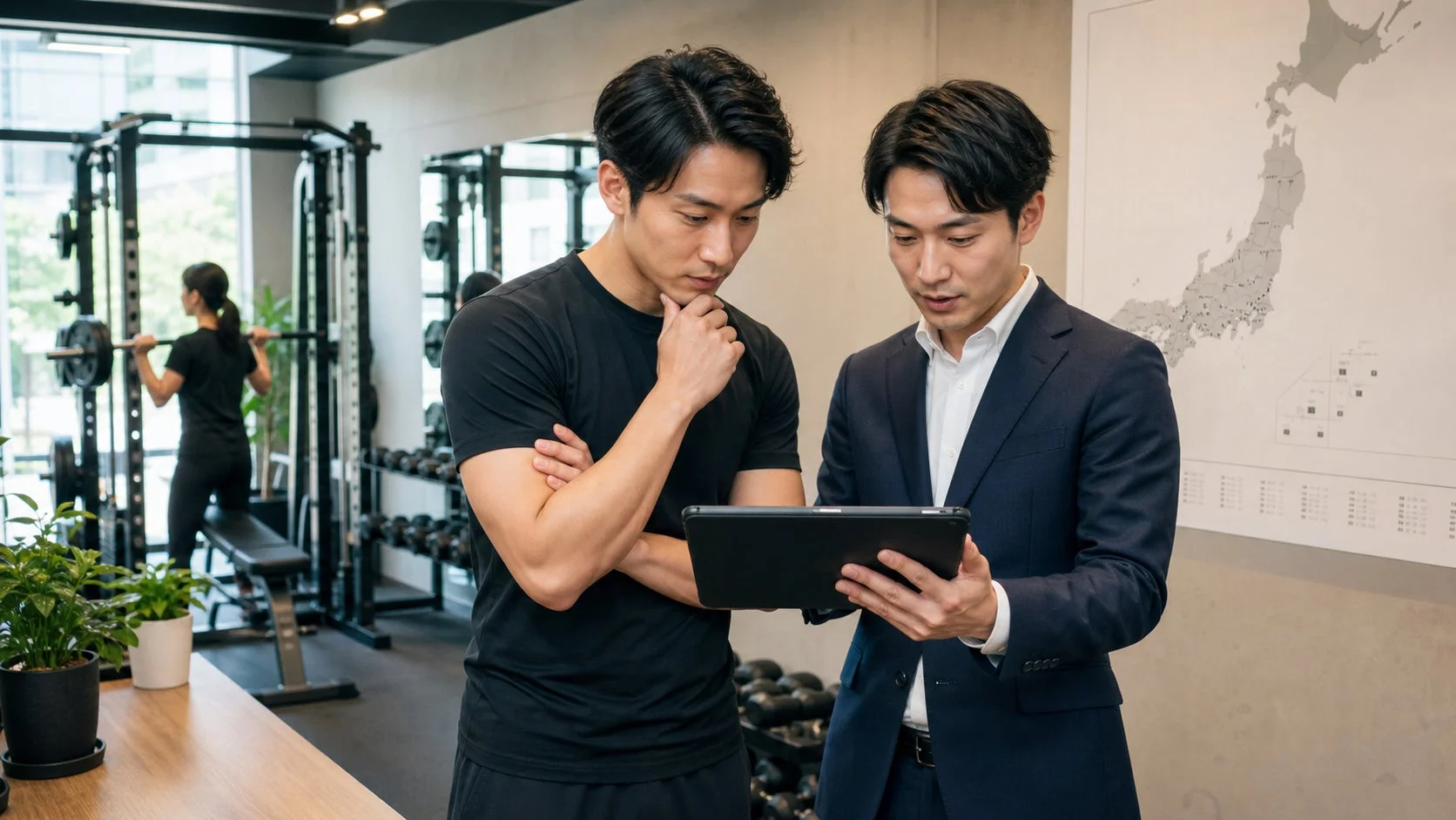 ジムで、トレーナーと思われる男性が顧客にタブレットを使って説明している様子。