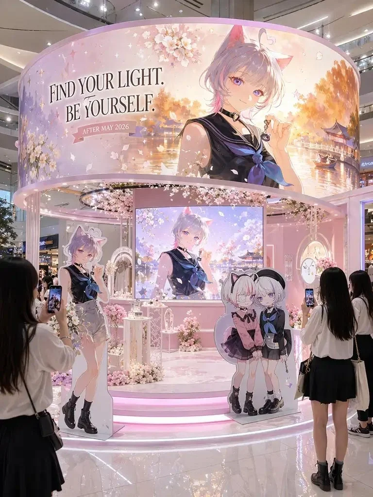 ショッピングモール内のピンクを基調としたアニメキャラクターのポップアップストア