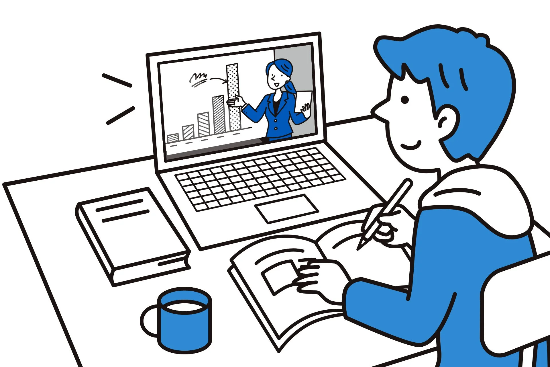 オンライン授業を受ける人物のイラスト