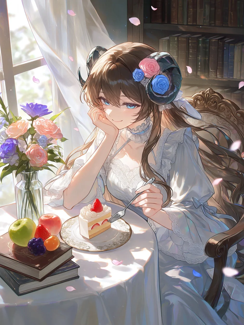 角と花飾りをつけた少女がティータイムを楽しむイラスト