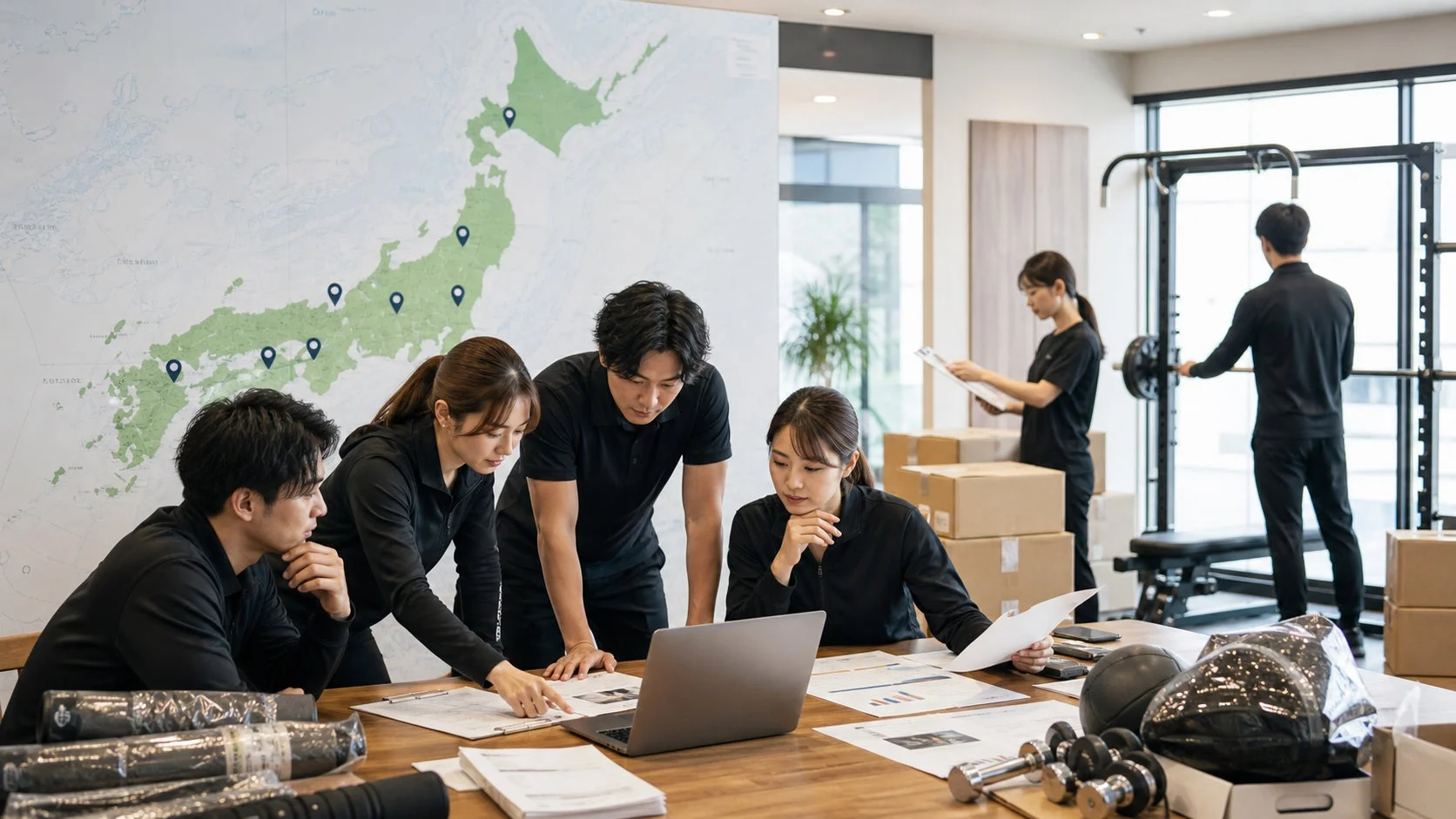 黒い服を着た人々がラップトップや書類を囲んでビジネス会議をしている。背景には日本地図があり、事業展開を示唆している。