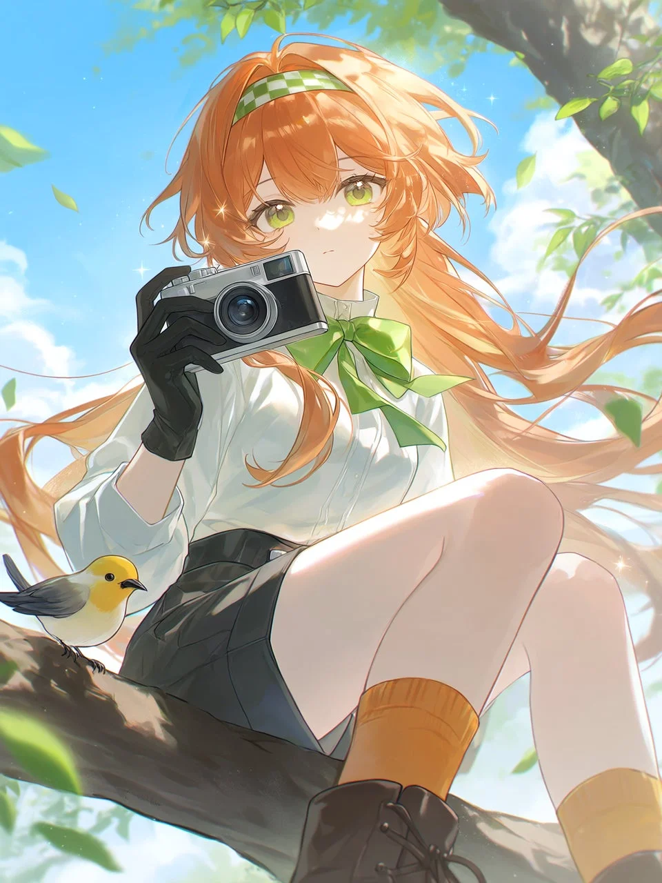 オレンジ色の髪の少女が木の上でカメラを構えているイラスト