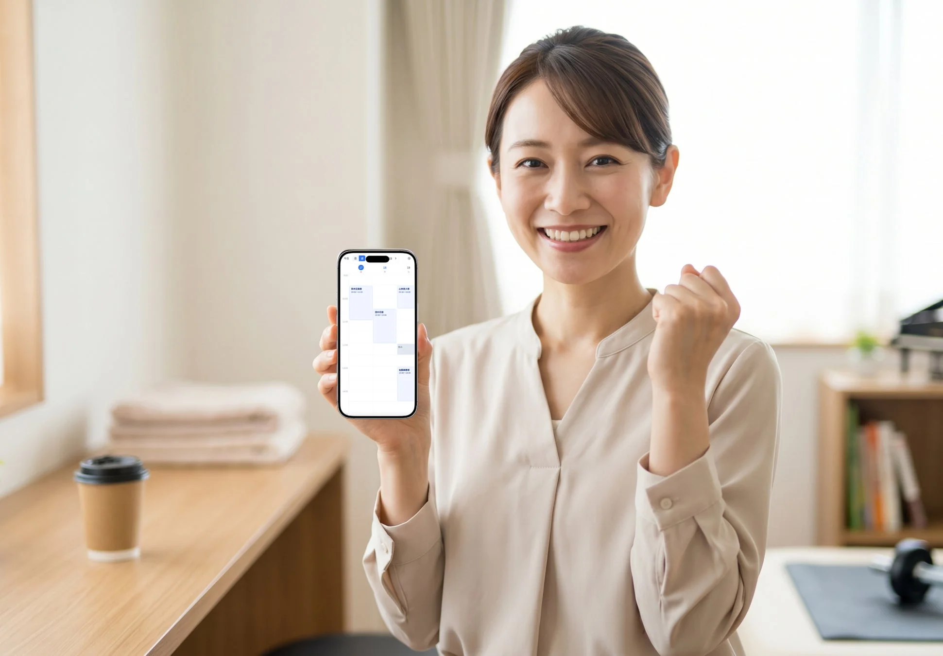 笑顔でスマホを操作する女性