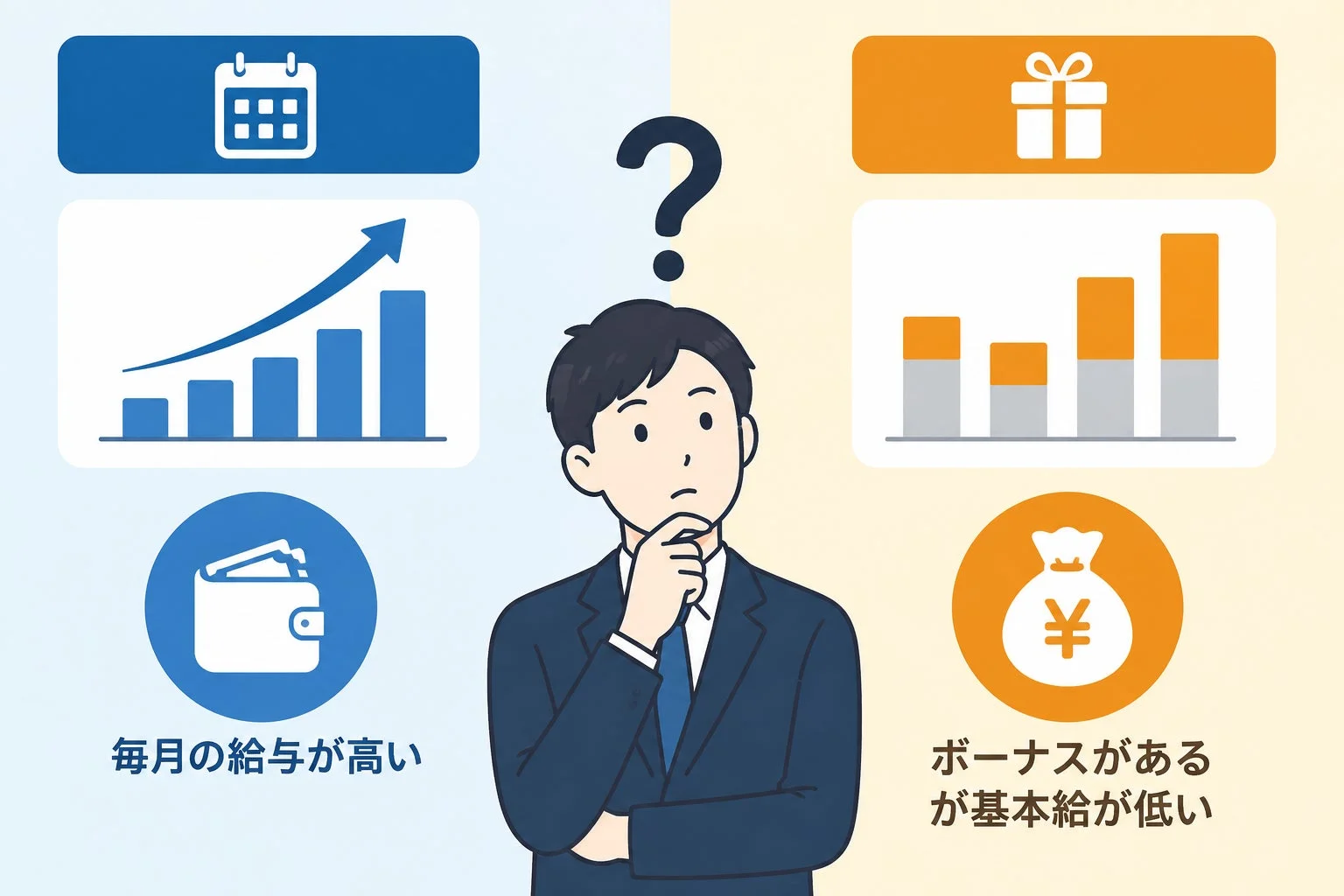 ボーナスか月給か悩む男性のイラスト