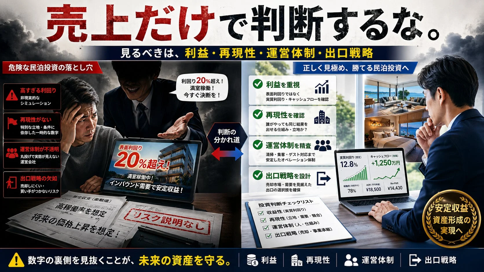 売上だけで判断するな。見るべきは、利益・再現性・運営体制・出口戦略。危険な民泊投資の落とし穴。