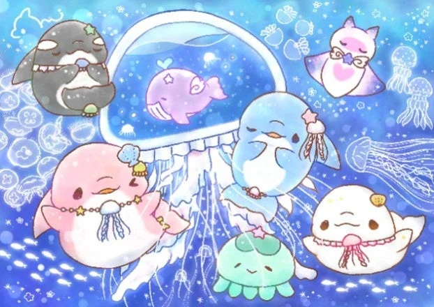 可愛らしい海の生き物たちが、きらめく水中を穏やかに漂う幻想的なイラスト