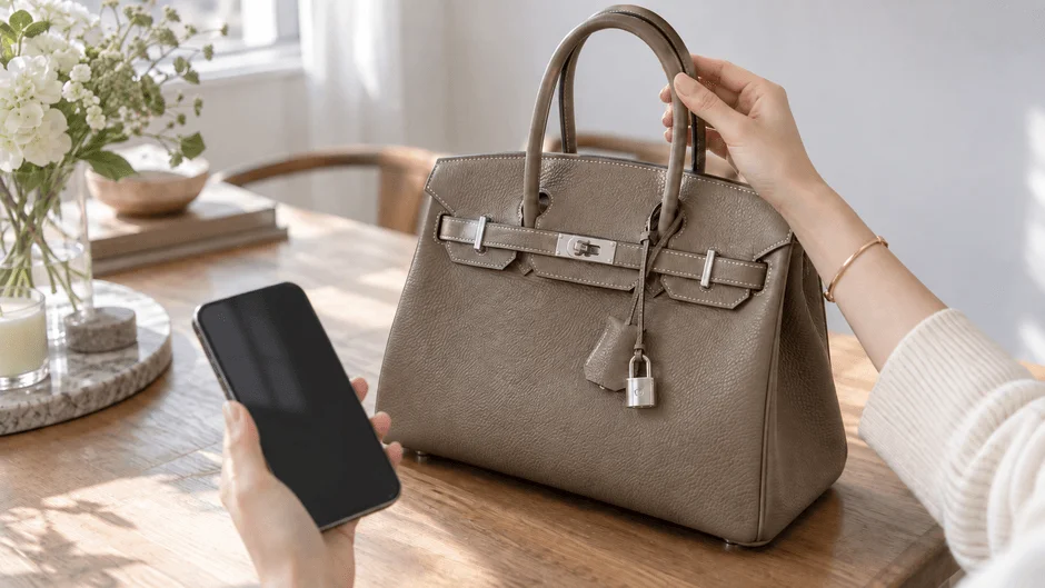 女性の手がバーキンのハンドルを持ち、スマートフォンを操作している様子